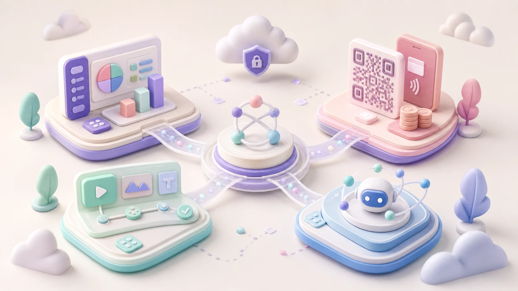 Pastel clay illustration of the Vritanta NextGen connected product ecosystem